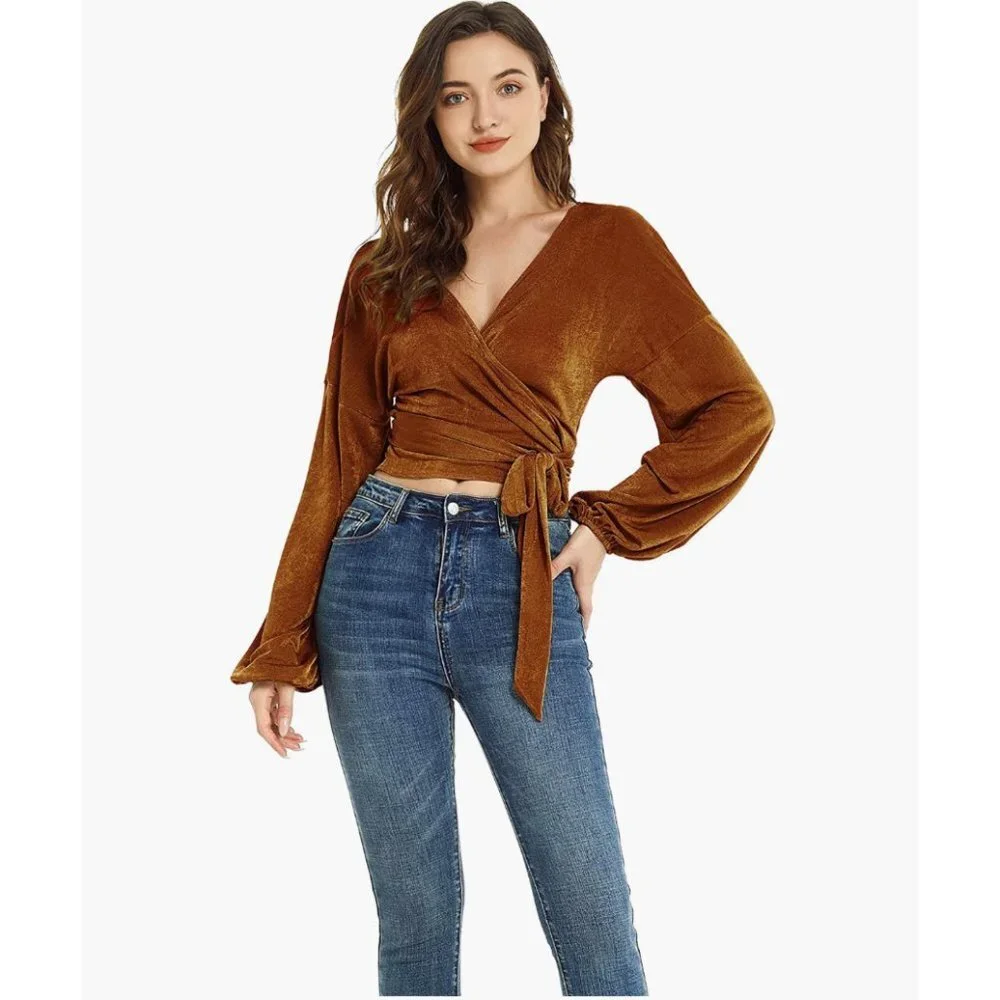 Brown Glitter Knit Tie Front Belted‎ V-Neck Long Sleeve Bishop Wrap Sweater Top - Picture 2 of 5